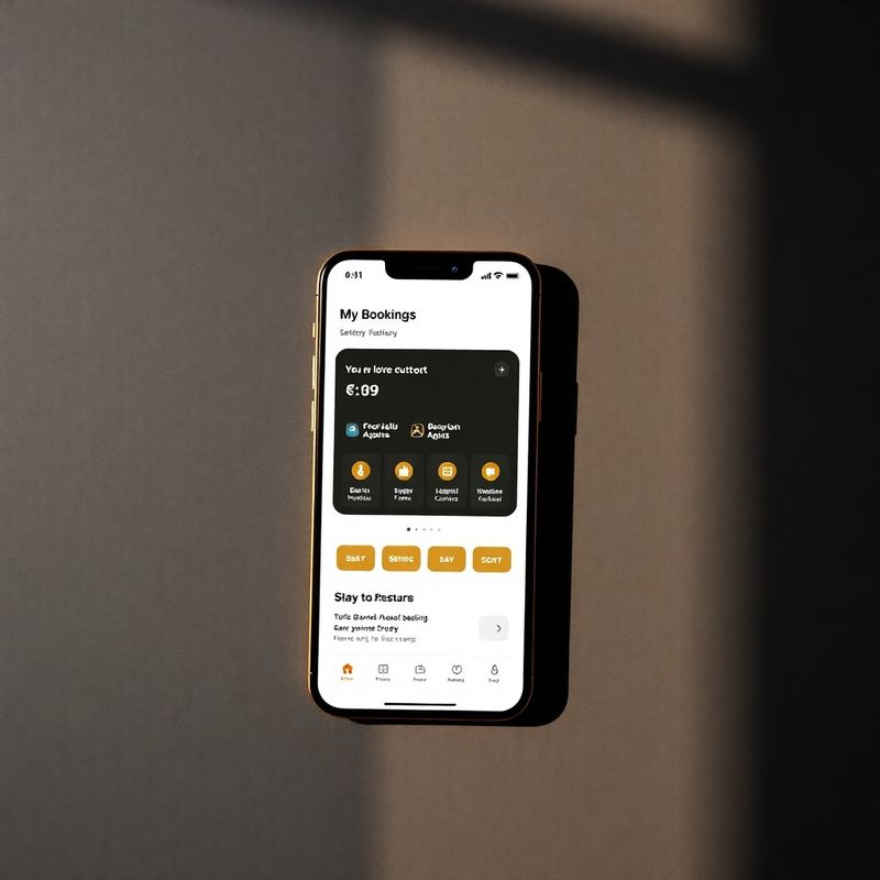 Flat-lay editorial shot of the Boutique Society app booking interface on a charcoal matte surface