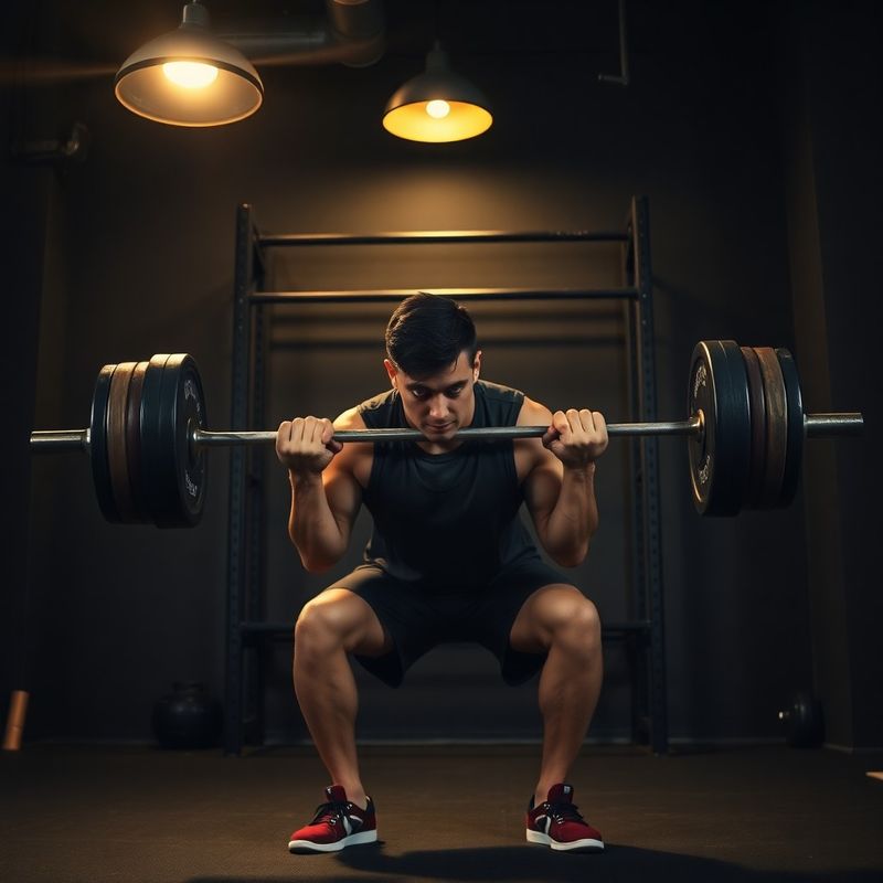 Candid action photograph of an athlete mid-barbell squat under warm gold overhead light