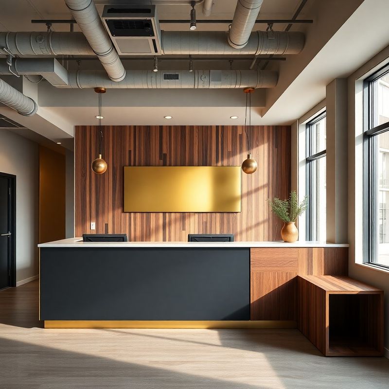 Editorial shot of the reception desk in charcoal and brass finishes