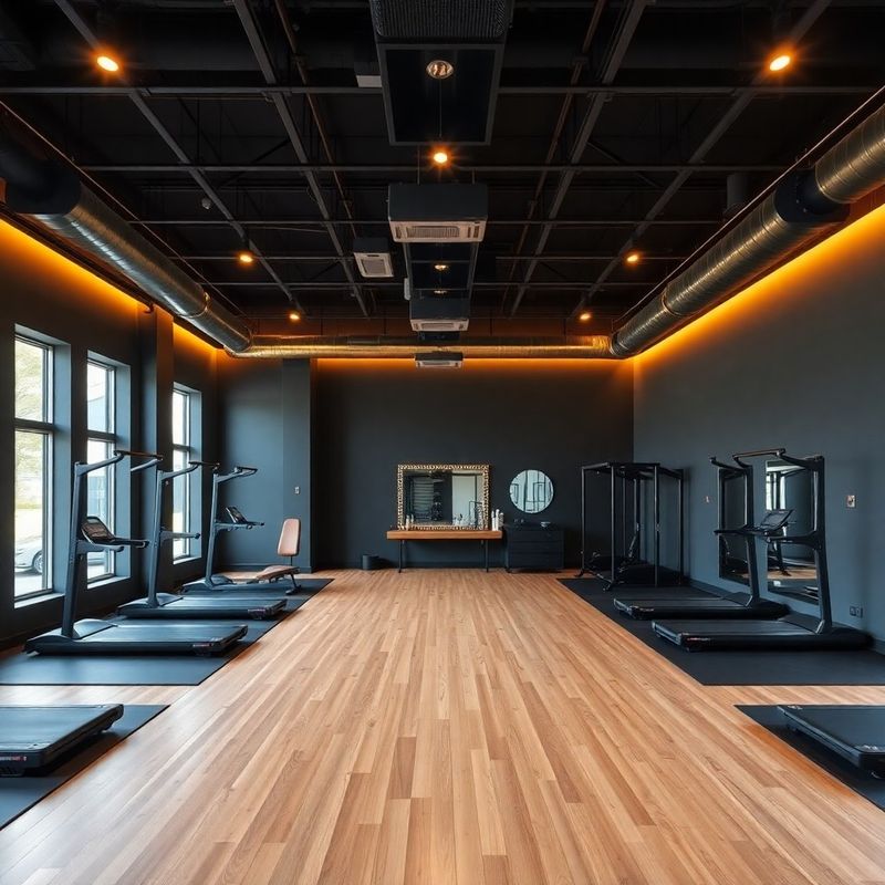 Editorial wide panorama of the five-zone training floor in charcoal and gold tones