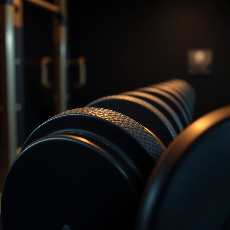 Close-up detail of a knurled barbell collar and matte charcoal plate under warm brass light