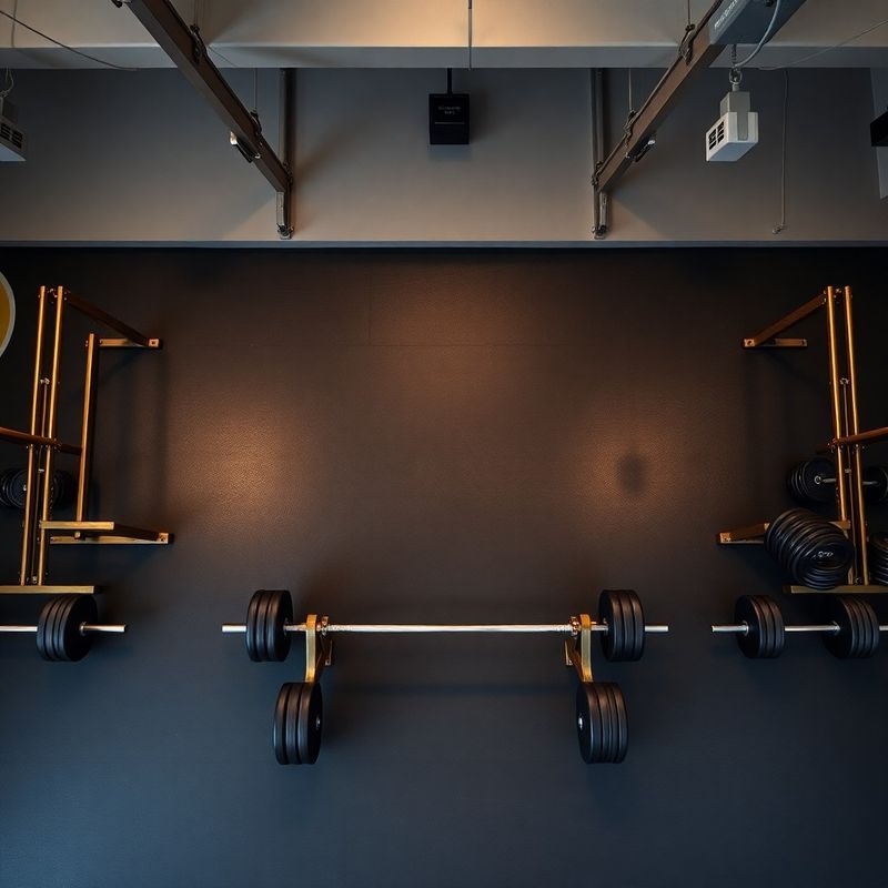 Overhead editorial view of charcoal training floor with geometric arrangement of racks and plates